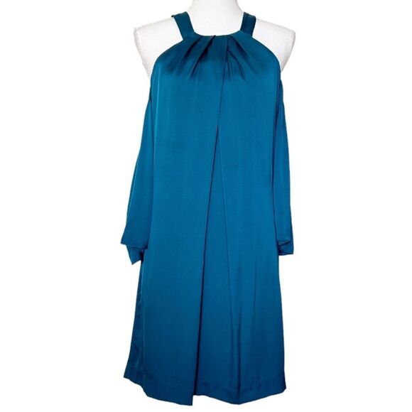 Trina Turk Spirit Silk Teal Blue Halter Cold Shoulder Mini Dress Size Small - Picture 7 of 9